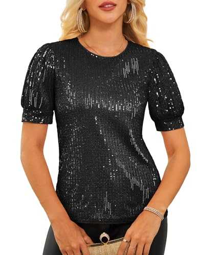 GRACE KARIN Women's Sequin Glitter Tops Short Sleeve Round Neck T-Shirt Blouse for Party Festival Club Prom