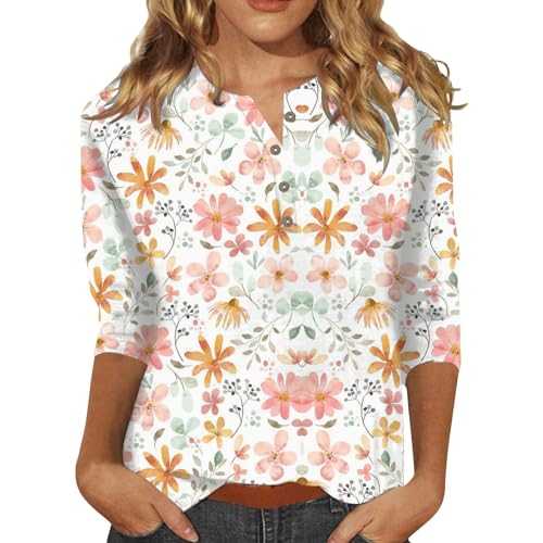 Womens Summer Tops Button Loose Fit 3/4 Sleeve UK Floral Print Graphic Tee Cute Workout Dressy Casual Going Out V Neck Ladies Oversized Henley T Shirts