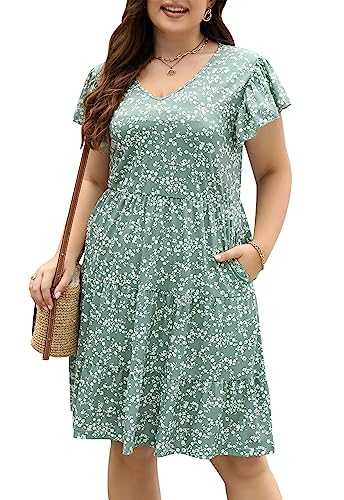 Celkuser Womens Plus Size Summer Short Sleeve V Neck Boho Casual Floral Midi Dress with Pockets CEL134