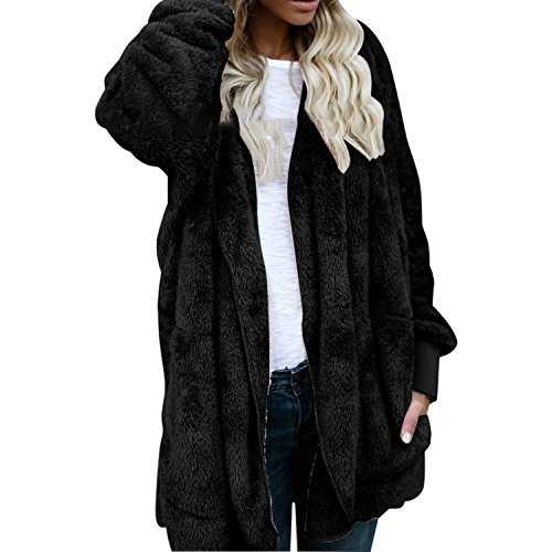 LAEMILIA Women Girl Warm Cardigan Coat Reversible Fluffy Faux Fur Winter Fleece Hooded Sherpa Jacket