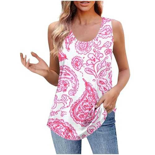 Tank Tops for Women UK Loose Vest Top Floral Print Summer Tops Round Neck Sleeveless Camisole Blouse T Shirts Tees Cami Casual Regular Loose Fit Tunic Shirts Tank Top Womens Clothing