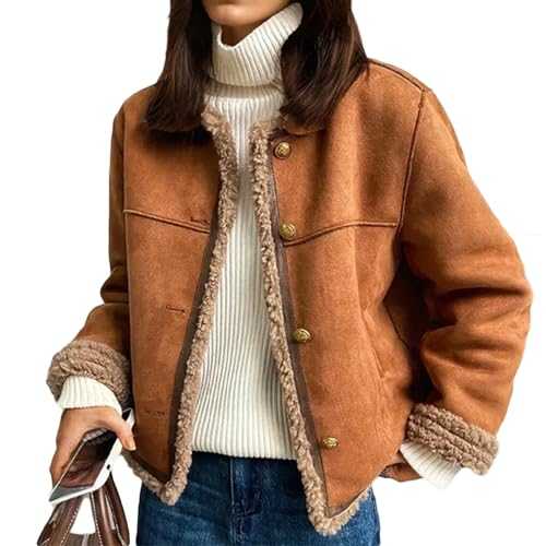BIUBIULOVE Buttoned Shearling Jacket, Women's Faux Suede Coat, Women's Winter Collarless Button Down Sherpa Fleece Lined Faux Suede Outerwear Jacket