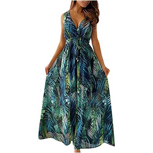 AMhomely Summer Dresses for Women V-Neck Sleexeless Print Open Back Casual Sexy Halter Mid-Calf Long Dress Long Party Elegant Dress Ladies Dresses Sale Clearance UK Size