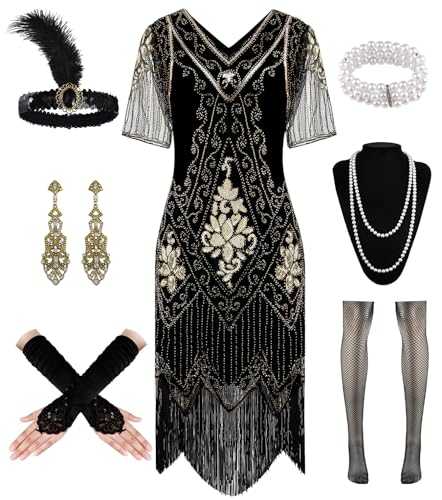 WILDPARTY 1920S Women Flapper Dress Sequin Dress V Neck Lace Fringed Gatsby Dress Costume With Roaring 20s Accessories