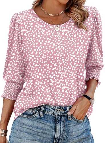 Aokosor Womens 3/4 Sleeve Tops Ladies Blouse Crew Neck Tunic Puff Sleeve T Shirts Curved Hem
