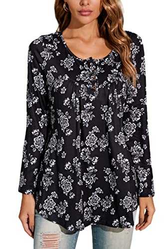 Enmain Women's Tunic Tops Casual Long Sleeve Blouse Tunic Top for Ladies Round Neck Longline Blouses Shirts Plus Size Swing Tunic Button Up