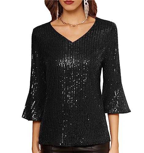 GRACE KARIN Women Long Sleeve Sequin Tank T Shirt Crew Neck Sparkle Glitter Blouse Top with Waist Belt