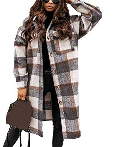 Esmeling Womens Plaid Shacket Brushed Flannel Shirt Jacket Mid Long Wool Blend Tartan Coat