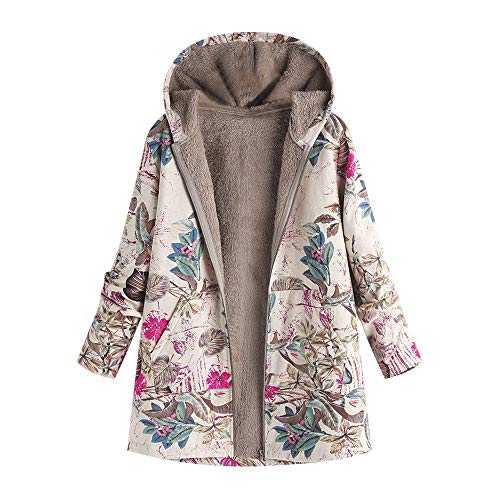 KaloryWee Women's Winter Warm Outwear Floral Print Hooded Pockets Vintage Oversized Coats