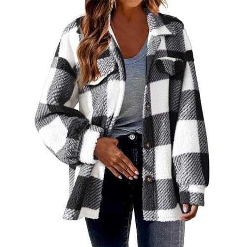 Teddy Fleece Plaid Jacket Women Flannel Checked Jacket for Ladies Faux Fur Teddy Shacket Button Down Winter Warm Furry Outwear Lapel Fuzzy Plush Winter Overcoat for Ladies Elegant Comfy