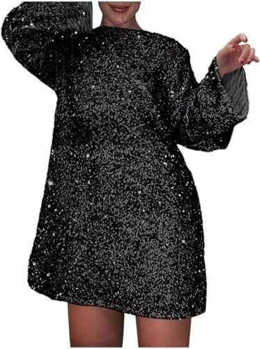 Hecatombic Women's Sexy Sequin Dress Round Neck Long Sleeve Loose Large Size Glitter Dress Fashion Bow Holiday Party Dresses