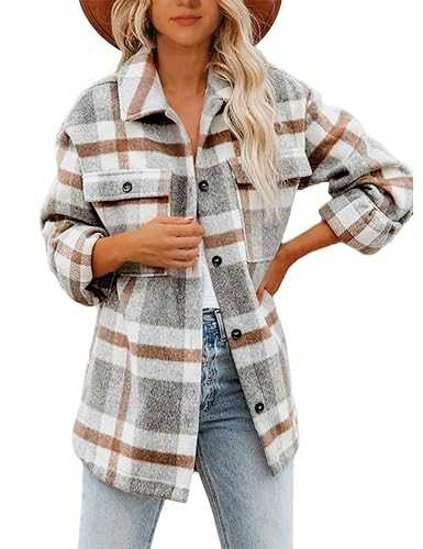 Lviefent Womens Casual Wool Blend Plaid Flannel Shackets Jacket Button Down Shirt Coat