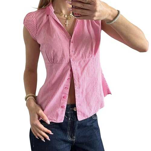 Women's Summer Retro Button Up Plaid Shirts Short Sleeve V Neck Slim Fit Y2k Tops Blouses E Girls Streetwear