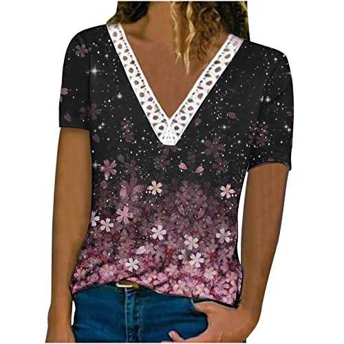 Summer Tops for Women 2023 Crochet Lace Trim V Neck T Shirts 3/4 Sleeve Blouse Fashion Floral Print Tunic Top Best Friends Shirts