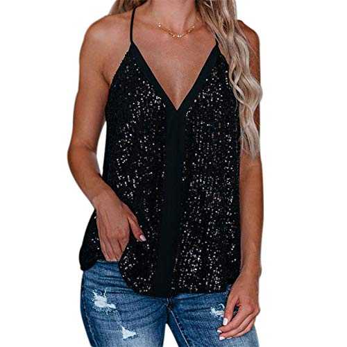 FeMereina Women's Sequined Camisole Shining Glitter Crop Top Shimmer Sequin Deep V-Neck Strap Sparkle Crop Tank Clubwear