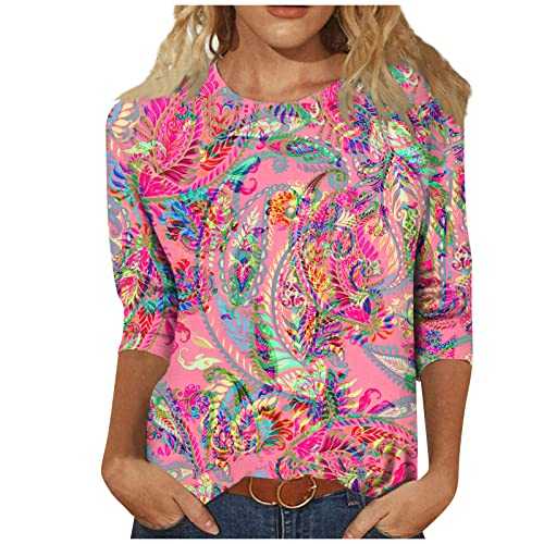 Womens 3/4 Sleeve Tops Casual Crewneck Shirts Three Quarter Length Sleeve Blouses Solid Color Cosy Tshirts