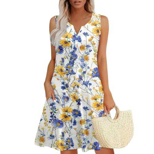 Summer Dresses for Women Sleeveless V Neck Loose Boho Floral Print Beach Dress Casual Sundress with Pockets