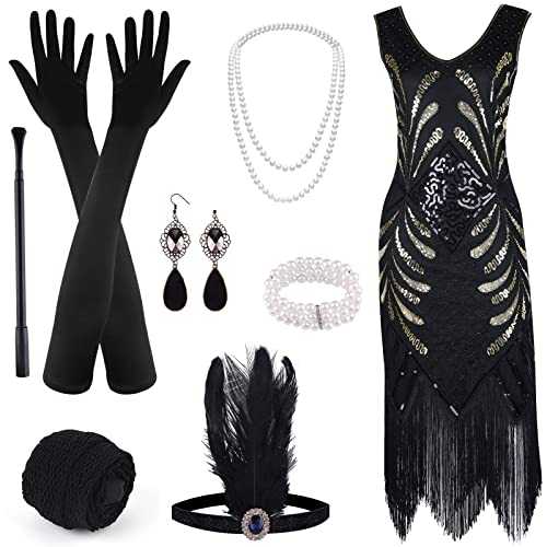 ELECLAND 1920s V Neck Sequin Beaded Fringed Dress with 20s Accessories Set