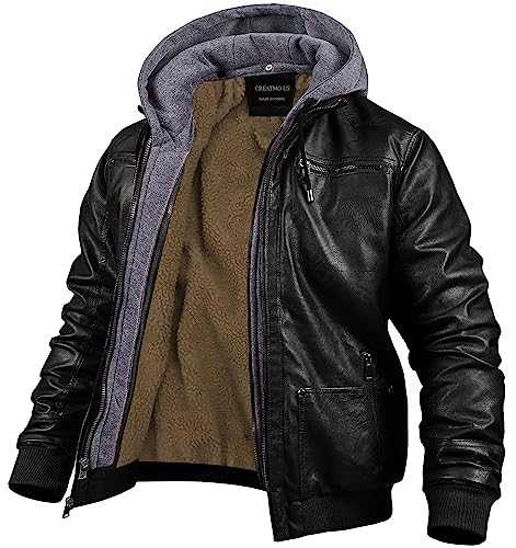 CREATMO US Men's Faux Leather Jacket Motorcycle Jacket Waterproof Windproof PU Moto Vintage Bomber Hoodie with Removable Hood