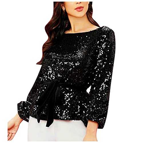 BLIBUNALA Sparkly Tops for Women UK Sequin Long Sleeve Crew Neck Top Tops for Women UK Party Wear Blouse Fashion Elegant Glitter T Shirt Evening Tops for Women UK Tunic Tops