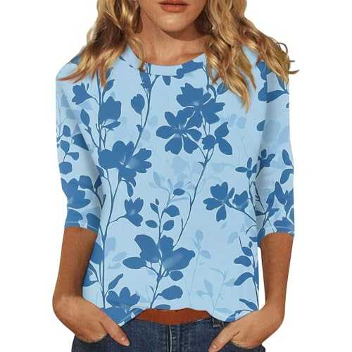 Women's Crewneck 3/4 Sleeve Tops,Casual Trendy Loose Fit Summer T Shirts Plus Size Tees Boho Tunic Blouses