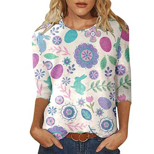 WILLBEST Womens 3/4 Sleeve Tops Casual Summer Crew Neck Shirts Cute Print Loose Three Quarter Length Sleeve Blouse Dressy Trendy Clothes Ladies T-Shirt