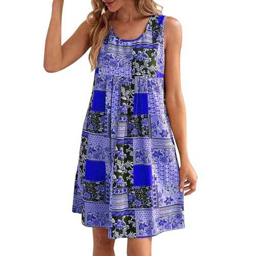 HOOUDO Women Maxi Dresses Linen Holiday Beach Dresses Sleeveless Plain Casual Sun Dresses Loose Fit Stretch Midi Dresses Retro T-Shirt Dresses Pocketed