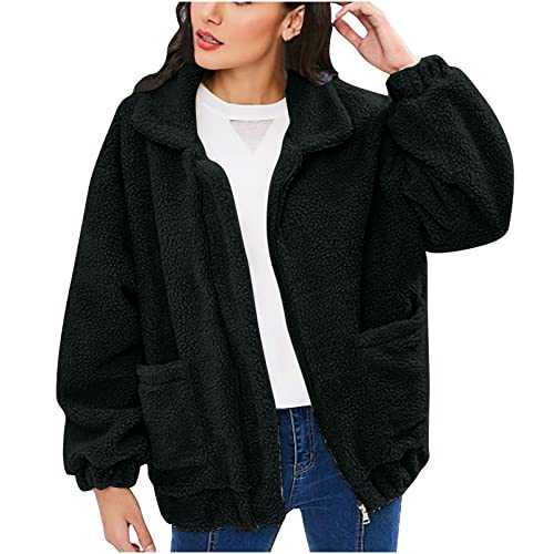 Women's Sherpa Jacket Warm Fleece Coat Full Zip Casual Loose Comfy Outerwear Ladies Cardigan Fluffy Fuzzy Jackets Teddy Bear Coats Sale Clearance Winter Soft Fur Jackets Plush Overcoat Tops UK Size