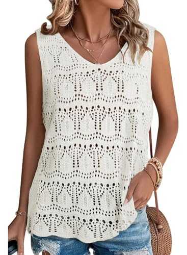BLENCOT Crochet Vest Tops for Women Summer Tops Ladies V Neck Sleeveless Hollow Out Tank Tops Blouses Shirts