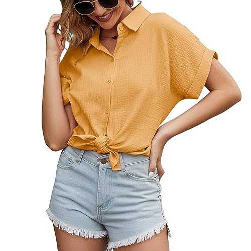 Cotton Women Short Sleeve Shirt, Turn Down Collar Loose Hem Blouse Button Up Top with Pocket, for Office Work, Dating, Party (M)
