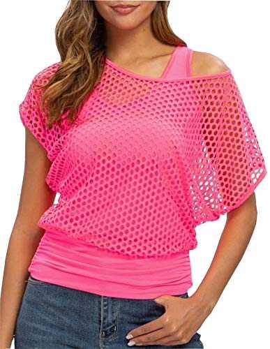 Smile Fish Women Sexy 80s Top Neon Fishnet Off Shoulder T-Shirt