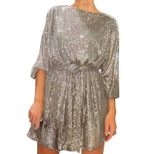 Sequin Dresses for Women UK Women Long Sleeve Sequins Glitter Dress Party Sparkle Loose Fit Shift Mini Short Dress with Belt Plus Size Slim Tunic Swing Mini Dress Daily Party Evening Wedding Dress