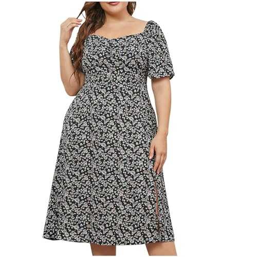 Zeiayuas Plus Size Dress for Women Square Neck Milkmaid Dress Summer Bohemian Beach Midi Dresses Elegant Boho Vintage Floral Sundress Holiday Flowy Loose Swing Dresses for Evening Night Out