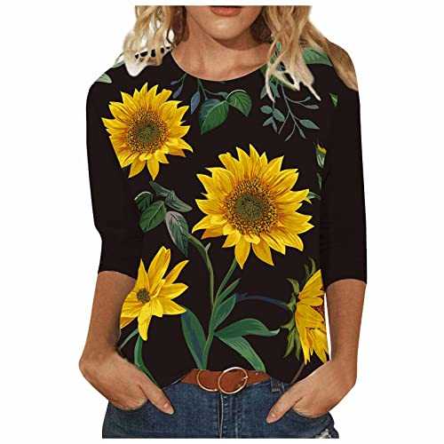 AMhomely Womens Tops Shirt Plus Size Sale Fashion O-Neck Casual Three Quarter Sunflower Print Tops T-Shirt Blouse Oversize Loose Tunic UK Size Elegant Twisted Sweatshirt for Ladies