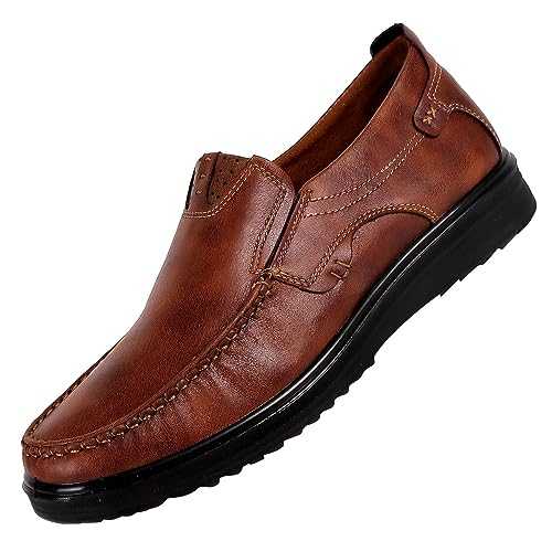 Moccasins Men's Leather Business Shoes - Flat Non-Slip Leather Shoes Without Laces Suit Shoes - Plain Breathable Oxfords Loafer Lightweight Work Shoes Driving Shoes