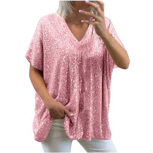 Women's Sequin T-Shirt Sparkle Glitter Party Tee Top Summer Short Sleeve Blouses Glitter Bling Shiny Blouse V-Neck Tops Plus Size 2024