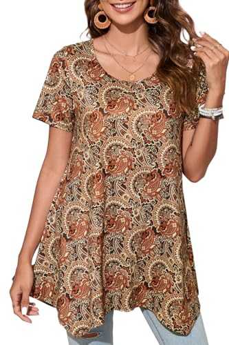 Enmain Womens Tunic Top Short Sleeve Summer Blouse Ladies Swing Tunic Top Longline Loose Blouse T Shirt Round Neck Stretch Comfortable Holiday