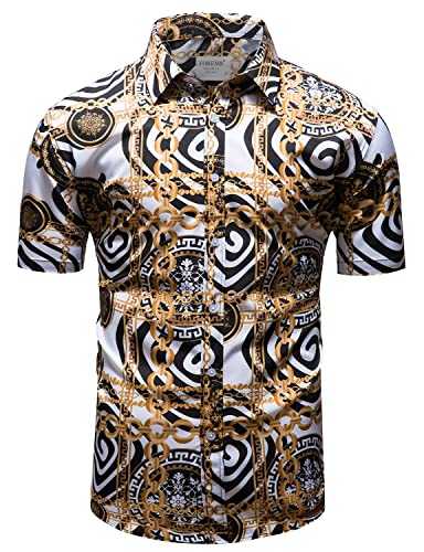 fohemr Mens Chain Print Shirt Luxury Baroque Vintage Short Sleeve Casual Button Down Dress Shirts
