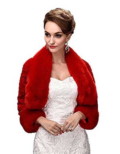 Ommda Women s Faux Fur Winter Wedding Jackets and Boleros Warm Wedding Coats for Bride Red