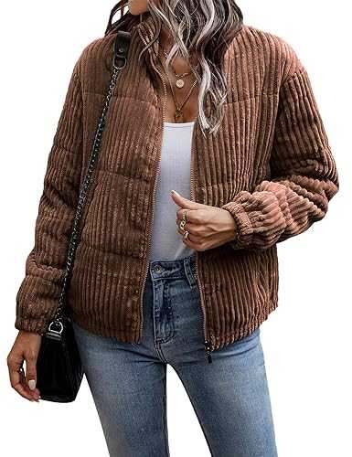 ROJZR Womens Corduroy Cropped Puffer Jacket Full Zip Lightweight Short Padded Jackets Winter Warm Coats