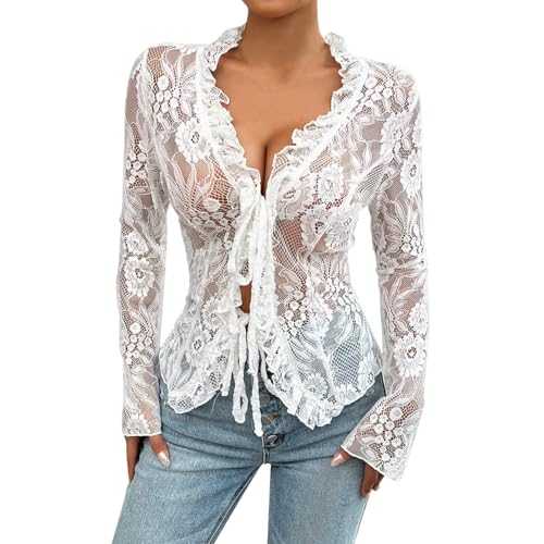 V Neck T Shirts Women 's Lace Crop Tops Long Sleeve Tie Up Front Solid Color Slim Fit T Shirts See Through Blouses Long Sleeve Stretch Top Womens Casual Top