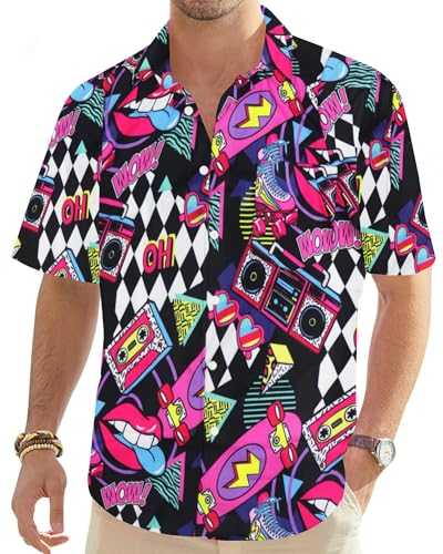 hohololo 80s Vintage Shirt for Men 70s Disco Shirt Party Costume Men's Retro Classic Hawaii Shirt