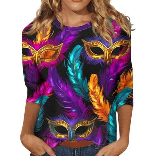 Casual Short Sleeve T Shirts Womens Tops Basic Tee 2025 Mardi Shirt for Women Carnival Themed Outfit Graphic 3/4 Sleeve Tunic Tops Crewneck Blouse Tshirt Long Sleeved Undershirt for Women