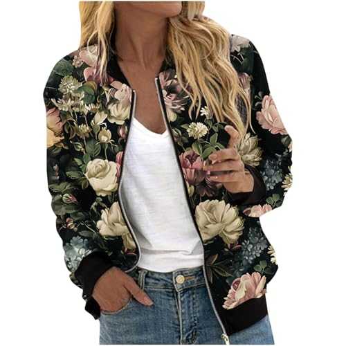 Womens Jacket Floral Print Long Sleeve Ladies Bomber Jackets Women's Coats Lightweight Women Jacket Ladies Full Zipper Comfortable Outerwear Casual Loose Womens Winter Jackets