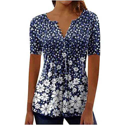 2024 Summer T Shirts for Women UK Short Sleeve Button Up V Neck Tops Trendy Pleated Henley Tunic Shirts Dressy Casual Butterfly Floral Print Blouse Ladies Elegant Going Out Tee