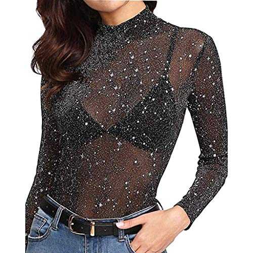 Lazzboy Tops Shirt Womens Mesh Glitter Sparkly Stars Sequin See-Through Transparent Size 8-16 Sexy Ladies Party Blouse