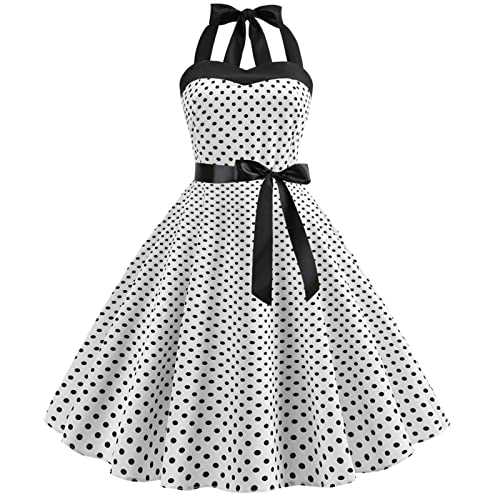 Women 1950s Dresses Vintage Rockabilly Halter Neck Polka Dot Floral Summer Swing A Line Midi Dress Cocktail Party Evening Prom Gown