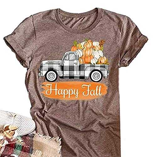 Halloween Happy Fall T Shirt Womens Pumpkin Buffalo Plaid Truck Fall Short Sleeve Graphic Tee Tops - Beige - Medium