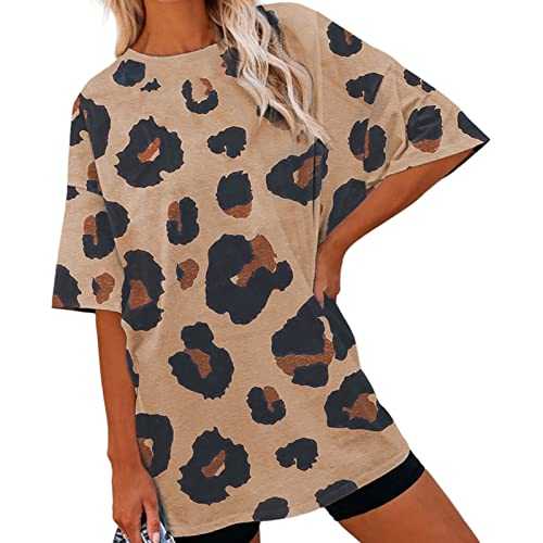 NQyIOS Womens T Shirts Leopard Print Loose T Shirt Women's Knitted Crewneck Loose Top Women's Plus Size 80s T Shirts Women