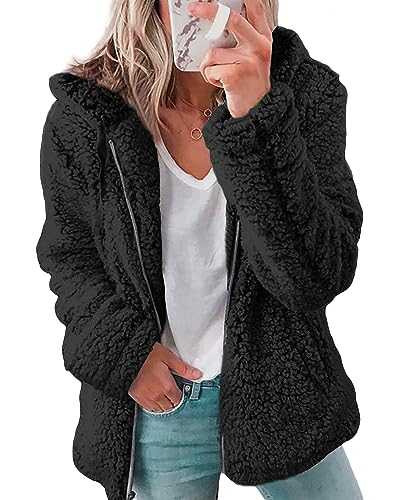 Joligiao Womens Winter Fleece Jacket Soft Teddy Hooded Zip Up Warm Fluffy Hoodie Coats Long Sleeve Full Zipper Sherpa Overcoat Cardigan Jackets with Pockets Lounge Wear Outdoor